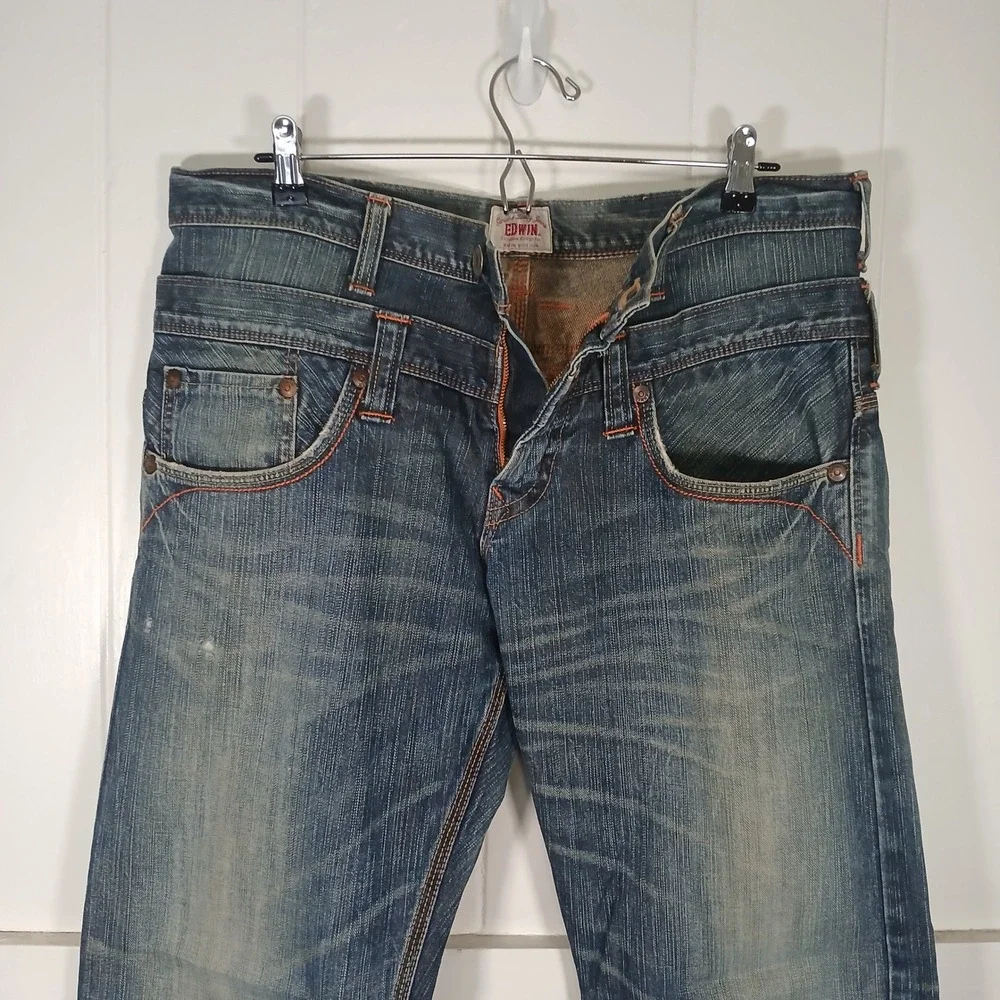 Edwin 414 XVS Jeans Mens 34 Tall (36x34) Blue Straight Leg Contrast Stitch